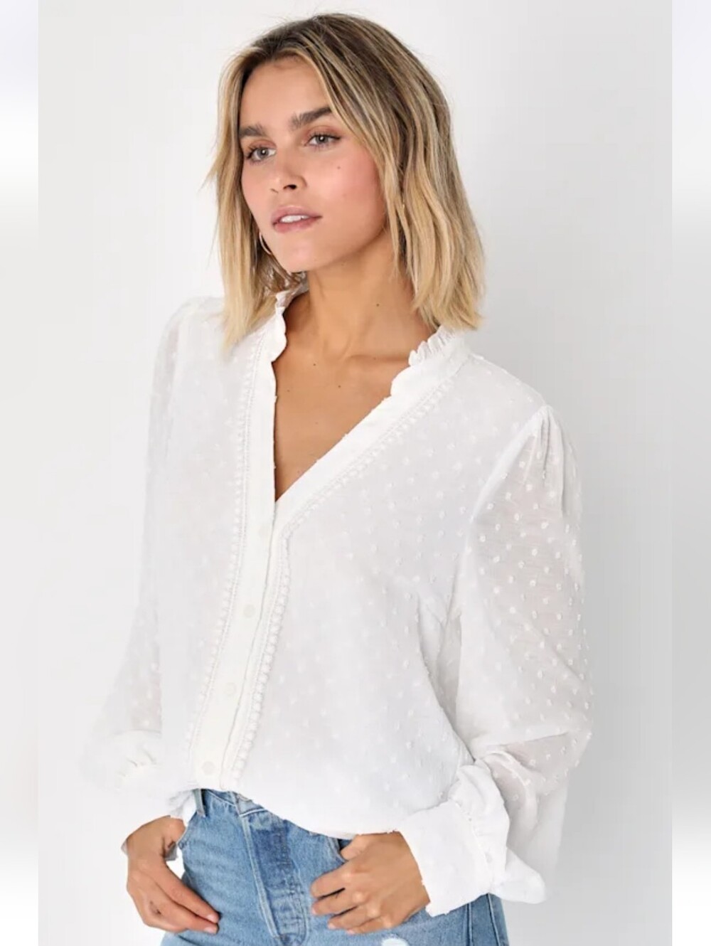 White Swiss Dot Ruffled V-Neck Button Down Blouse